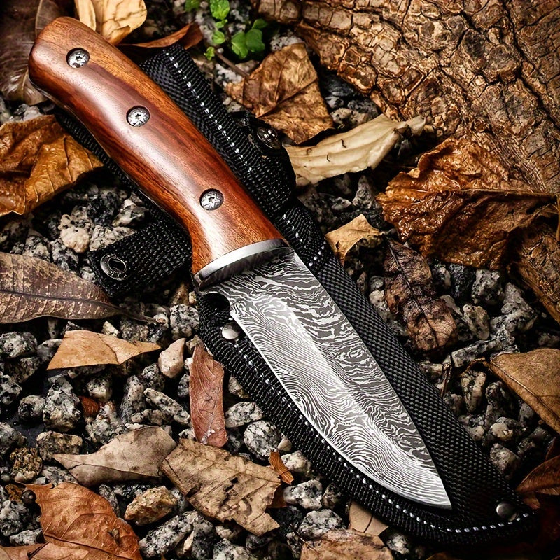 9.3 Inch Hunting Knife, 4mm Thick Imitation Damascus Pattern Knife, High Carbon Stainless Steel Knife With Solid Wood Handle For Outdoor Tactical Camping, Hunting, Camping, Barbecue, Kitchen Stuff