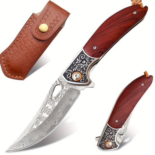 Damascus Folding Knife, Sharp Damascus Steel Knife with Core VG10 Steel Blade Wood Handle, Pocket Knife with Leather Sheath for Men Hunting, 58HRC