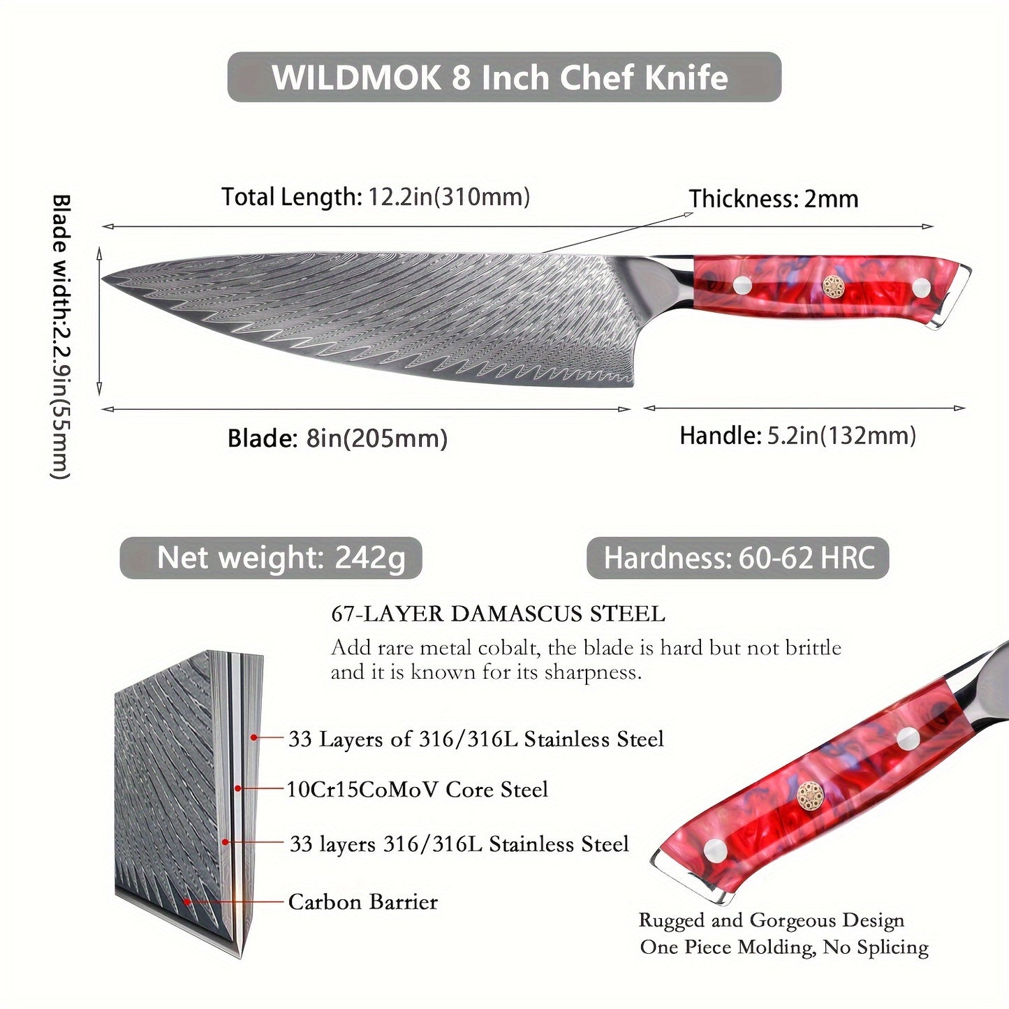 Damascus Chef Knife 8 Inch, VG10 Steel Damascus Steel Japanese Chef Knife, Professional Sharp Damascus Kitchen Knife Red Resin Handle